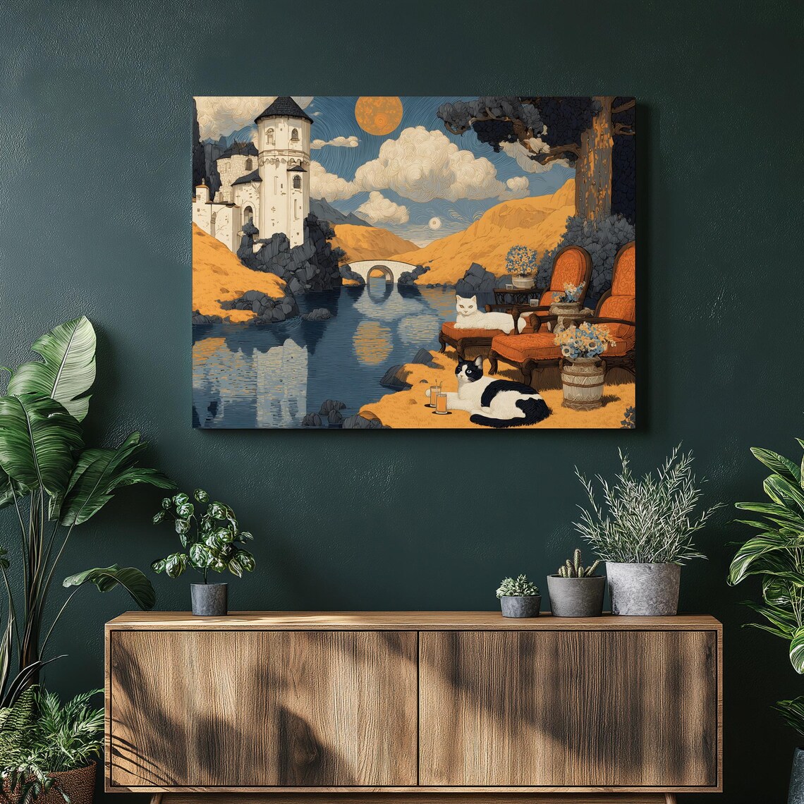 Cats by the Lake with a Castle Whimsical Fantasy Illustration Poster