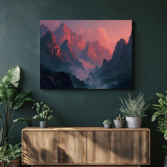 Majestic Mountain Canvas Wall Art Dramatic Rocky Peak Sunset Landscape Foggy Valley Forest Nature Scenery Adventure Decor Print