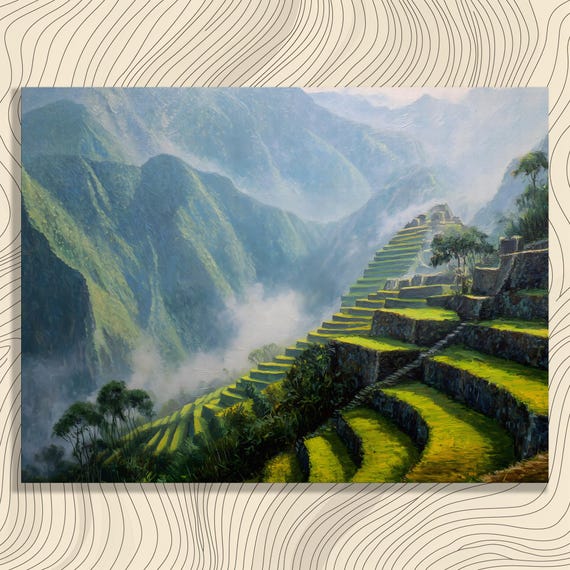 Mountain Terraces Canvas Wall Art Misty Valley Landscape Painting Print Tropical Forest Rice Nature Decor Colorful Gift