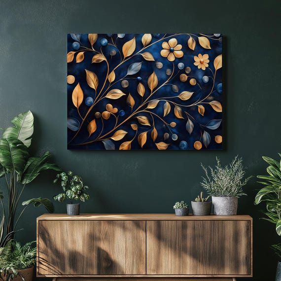 Blue Gold Botanical Canvas Wall Art Luxury Floral Vine Pattern With Metallic Leaves On Deep Navy Background Textured Decor Print