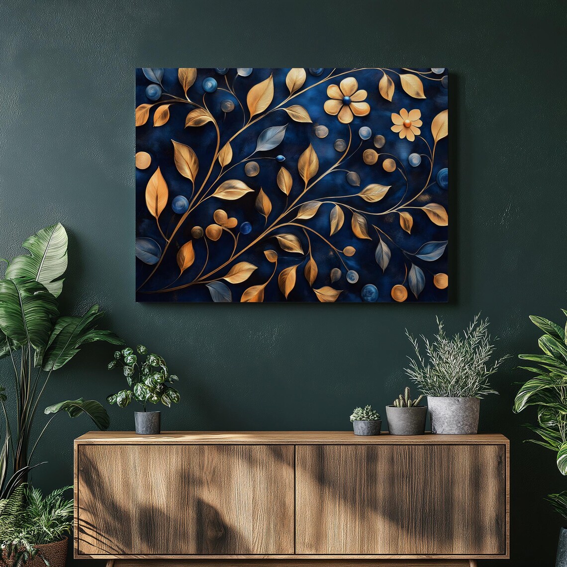 Navy Blue Gold Botanical Canvas Floral Leaves Luxury Elegant Wall Art