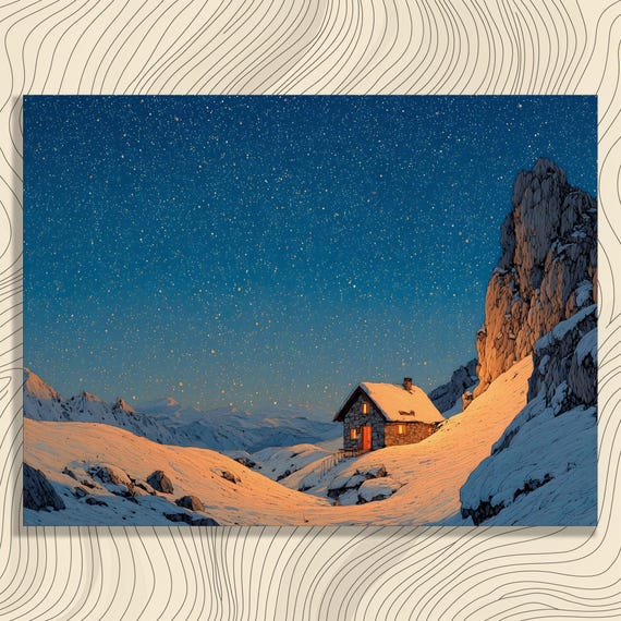 Snowy Mountain Cabin Starry Night Cozy Winter Wonderland Poster