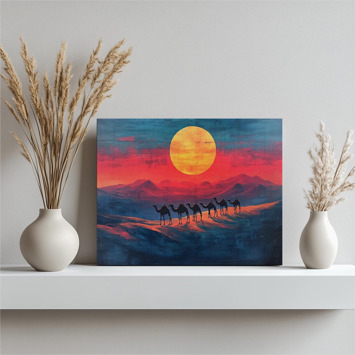 Camel Caravan Desert Sunset Giant Sun Silhouette Dunes Canvas Print