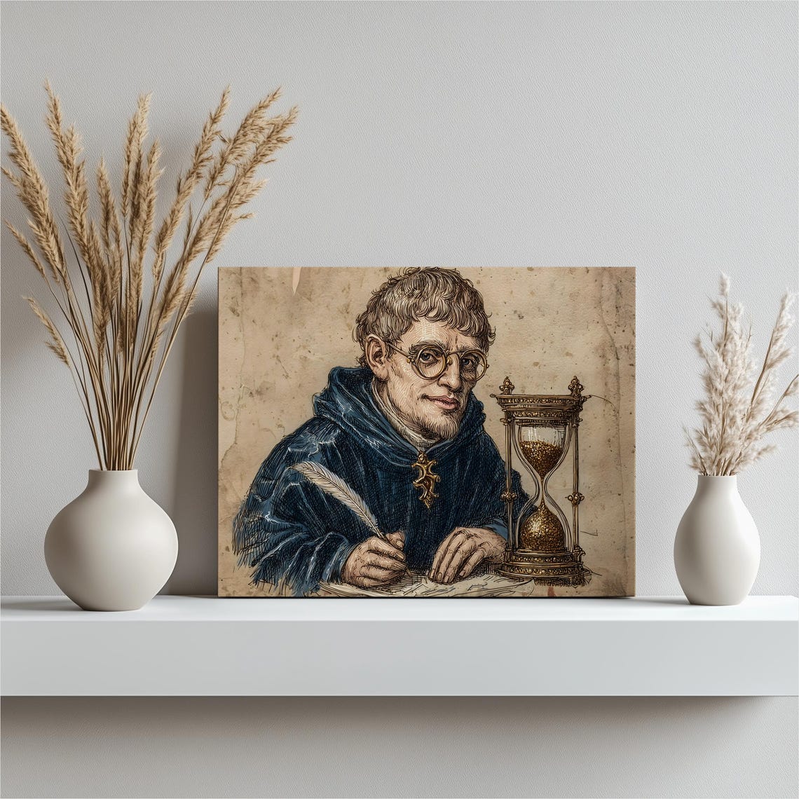 Medieval Monk Scribe Canvas Wall Art Vintage Illuminated Manuscript Quill Pen Hourglass Print Gothic Scholar Parchment Decor
