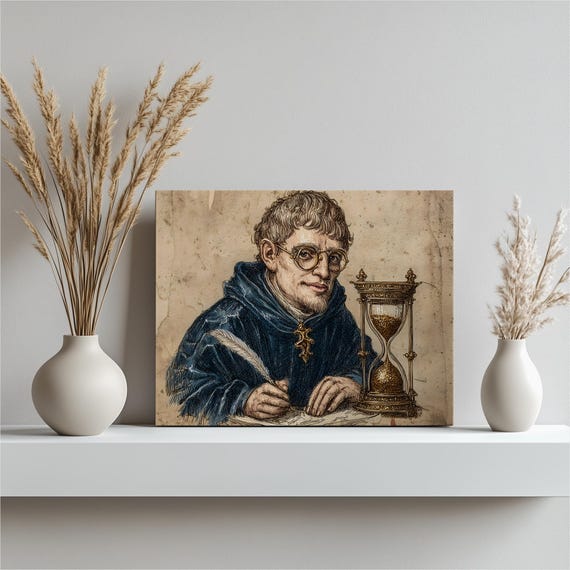 Medieval Monk Scribe Canvas Wall Art Vintage Illuminated Manuscript Quill Pen Hourglass Print Gothic Scholar Parchment Decor