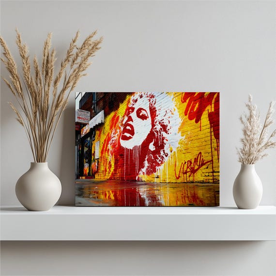 Urban Pop Portrait Canvas Wall Art Graffiti Style Female Face Street Mural Print Bold Yellow Red Contemporary Artwork Brick Backdrop