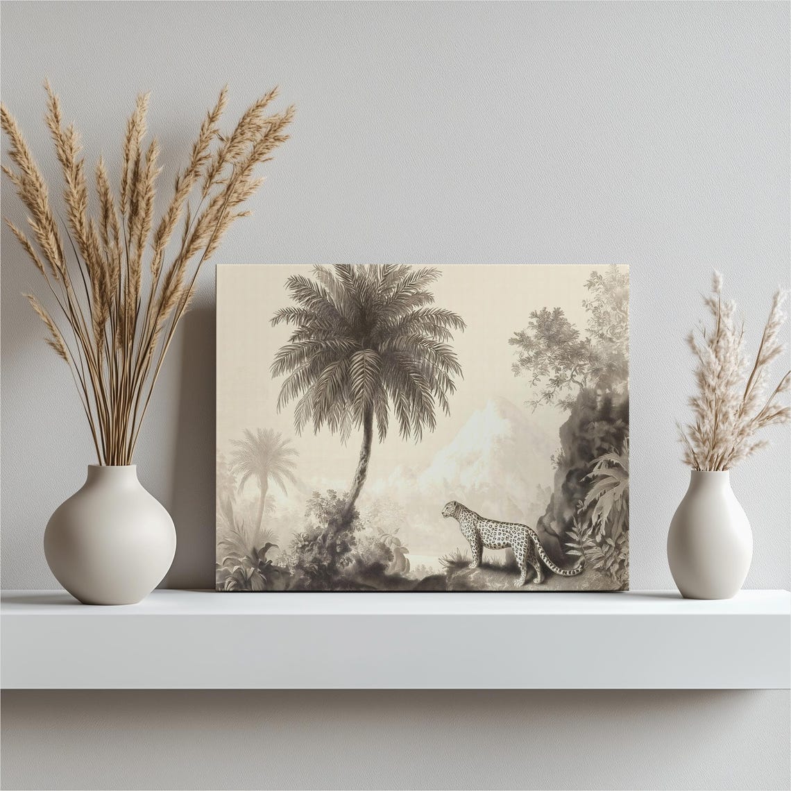 Vintage Sepia Leopard Jungle Palm Tree Tropical Safari Poster