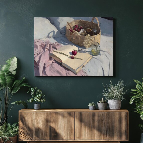 Open Book Red Rose Berry Basket Romantic Still Life Painting Poster