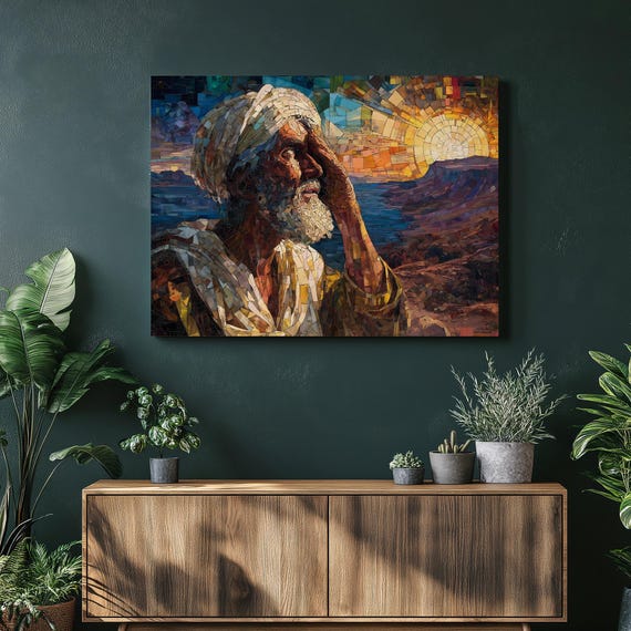 Mosaic Desert Sunset Canvas Wall Art Tile Landscape Decor Featuring Prophetic Figure Print With Textured Vista Scene