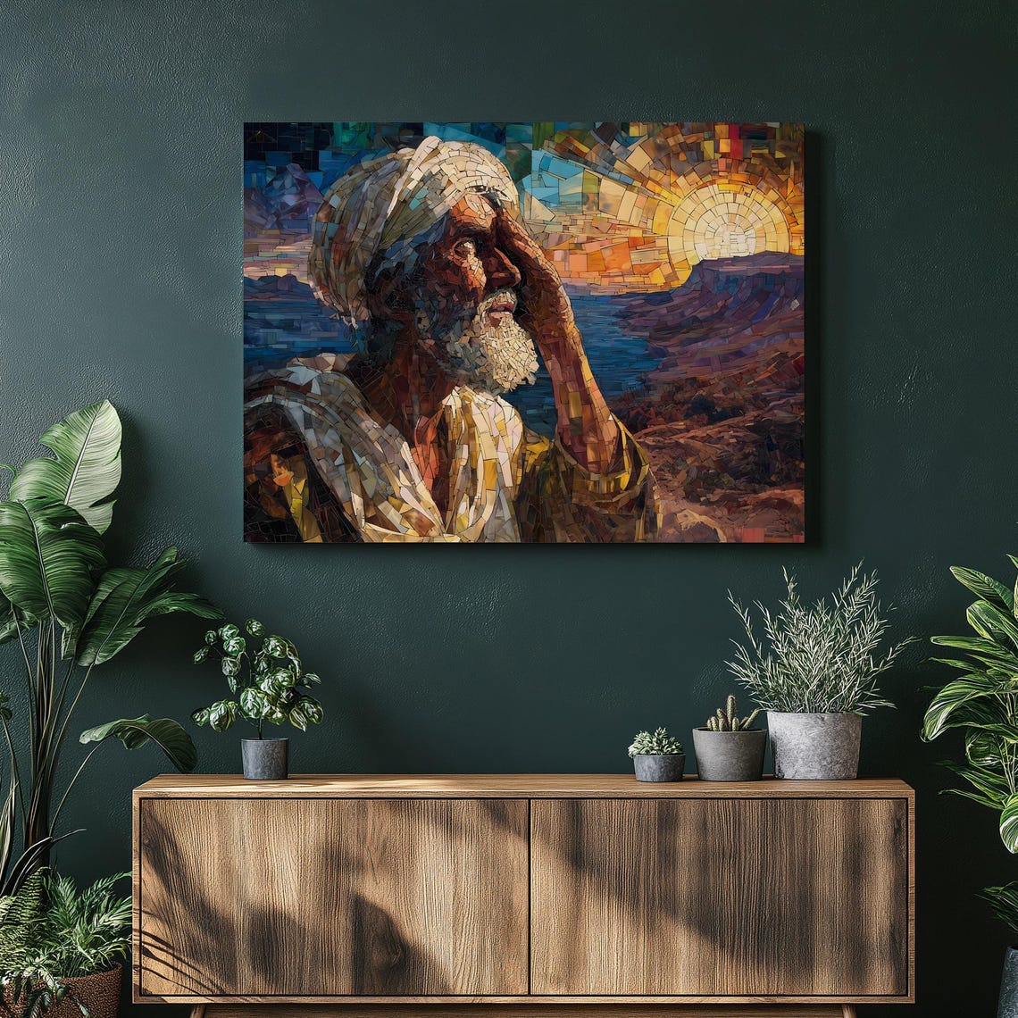 Mosaic Tile Desert Sunset Bearded Elder Canvas Art Poster Home Decor
