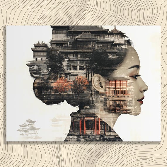 Empress Wu Zetian Canvas Wall Art Modern Asian Architecture Double Exposure Portrait Print For Home Decor Unique Cultural Fusion Gift