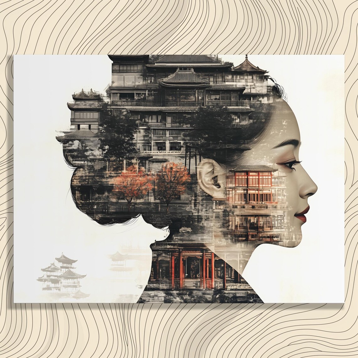 Asian Woman Double Exposure Palace Architecture Portrait Art Poster