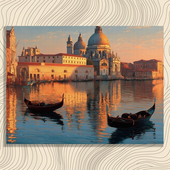 Venice Sunset Gondola Canvas Wall Art Italy Architecture Dome Basilica Impressionist Cityscape Print Lagoon Of Boat Painting