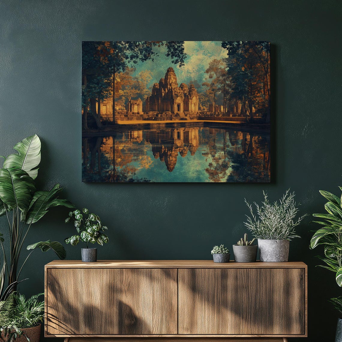 Ancient Cambodian Temple Mirror Water Reflection Sunset Wall Art