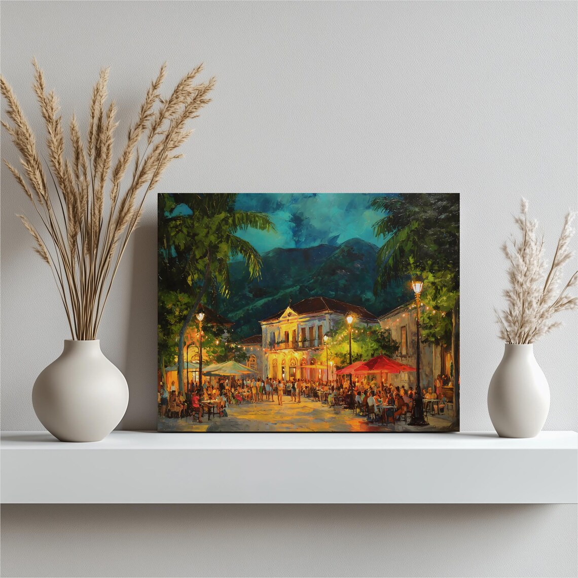 Night Cafe on a Busy Coastal Town Square Oil Painting Wall Art