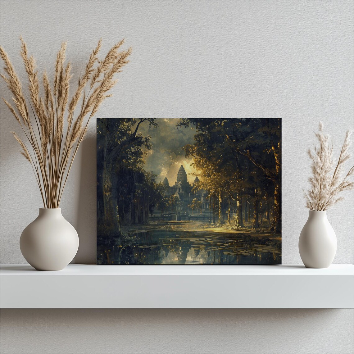Angkor Wat Temple Jungle Water Reflection Serene Canvas Art Poster