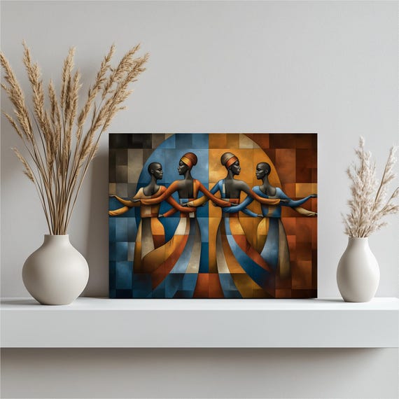 Abstract Dancers Canvas Wall Art Geometric Women In Headwraps Blue Orange Palette Unity Friendship Figure Painting Modern Decor