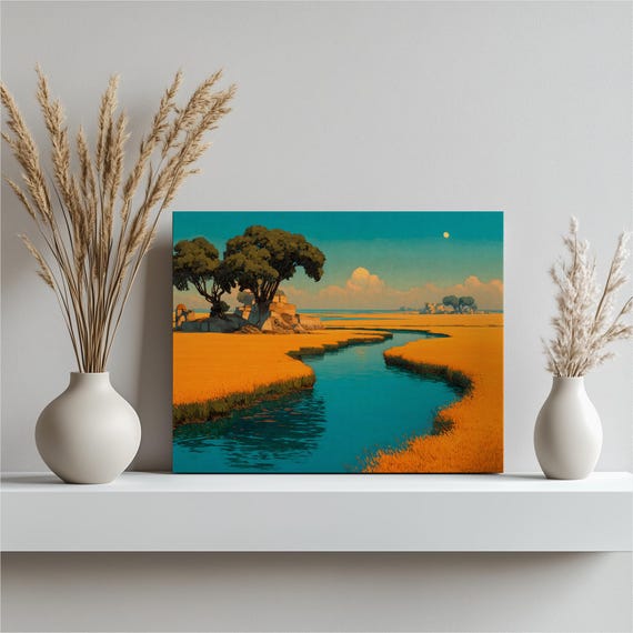 Blue River Landscape Canvas Wall Art Minimalist Nature Print Modern Painting Orange And Decor Contemporary Countryside Stream Gift
