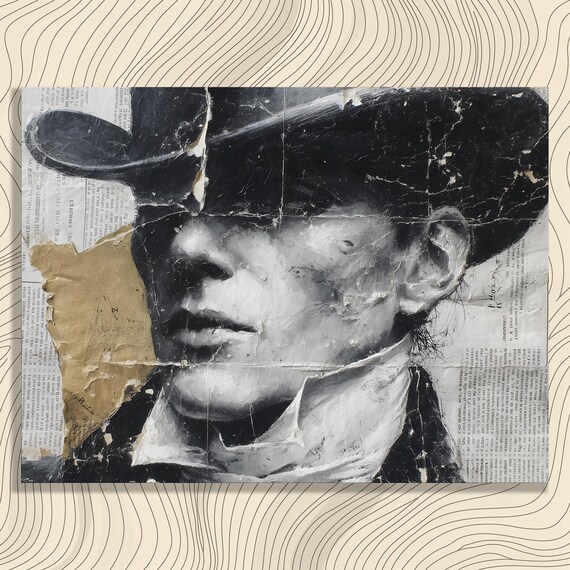 Distressed Black and White Man in Top Hat Newspaper Collage Poster