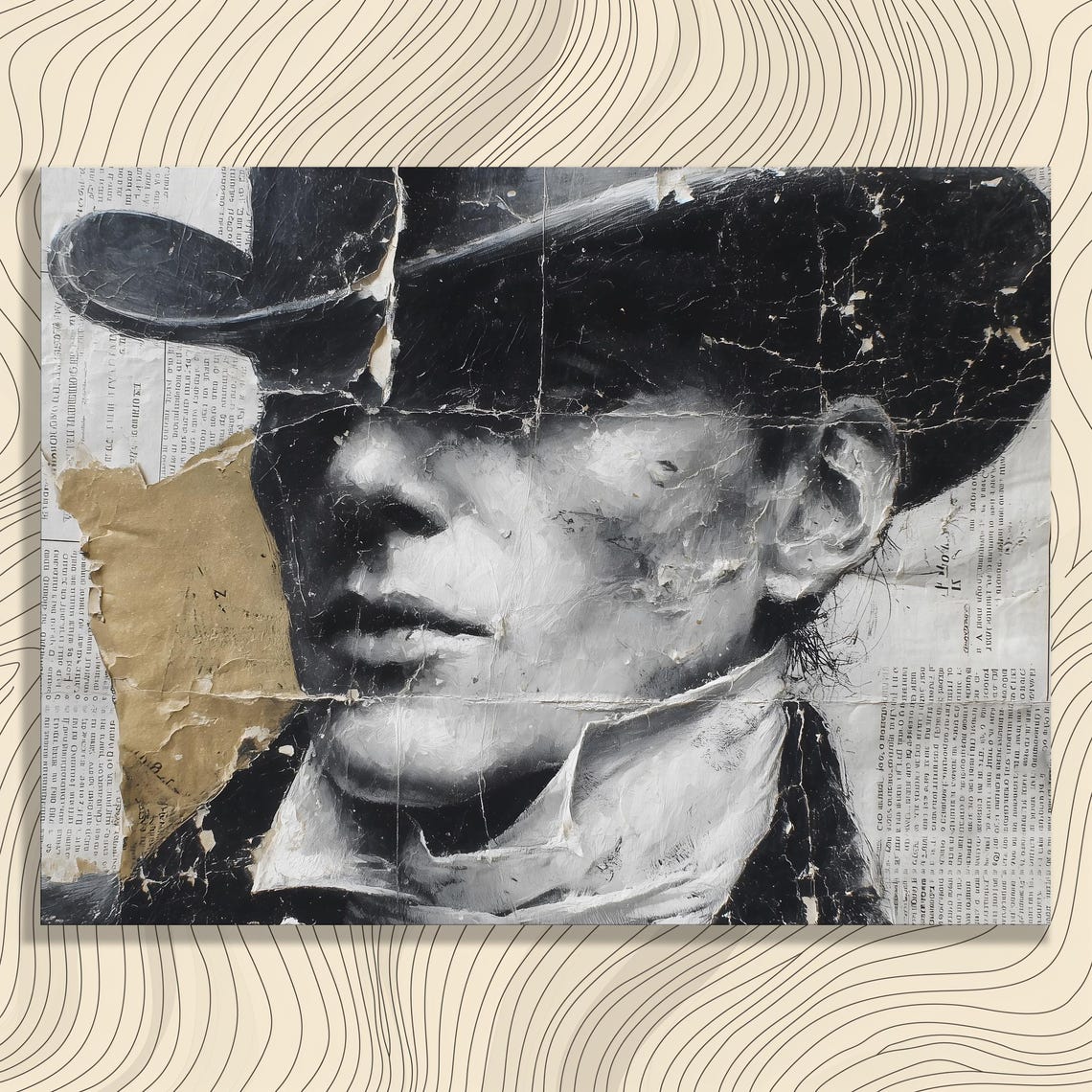 Distressed Black and White Man in Top Hat Newspaper Collage Poster