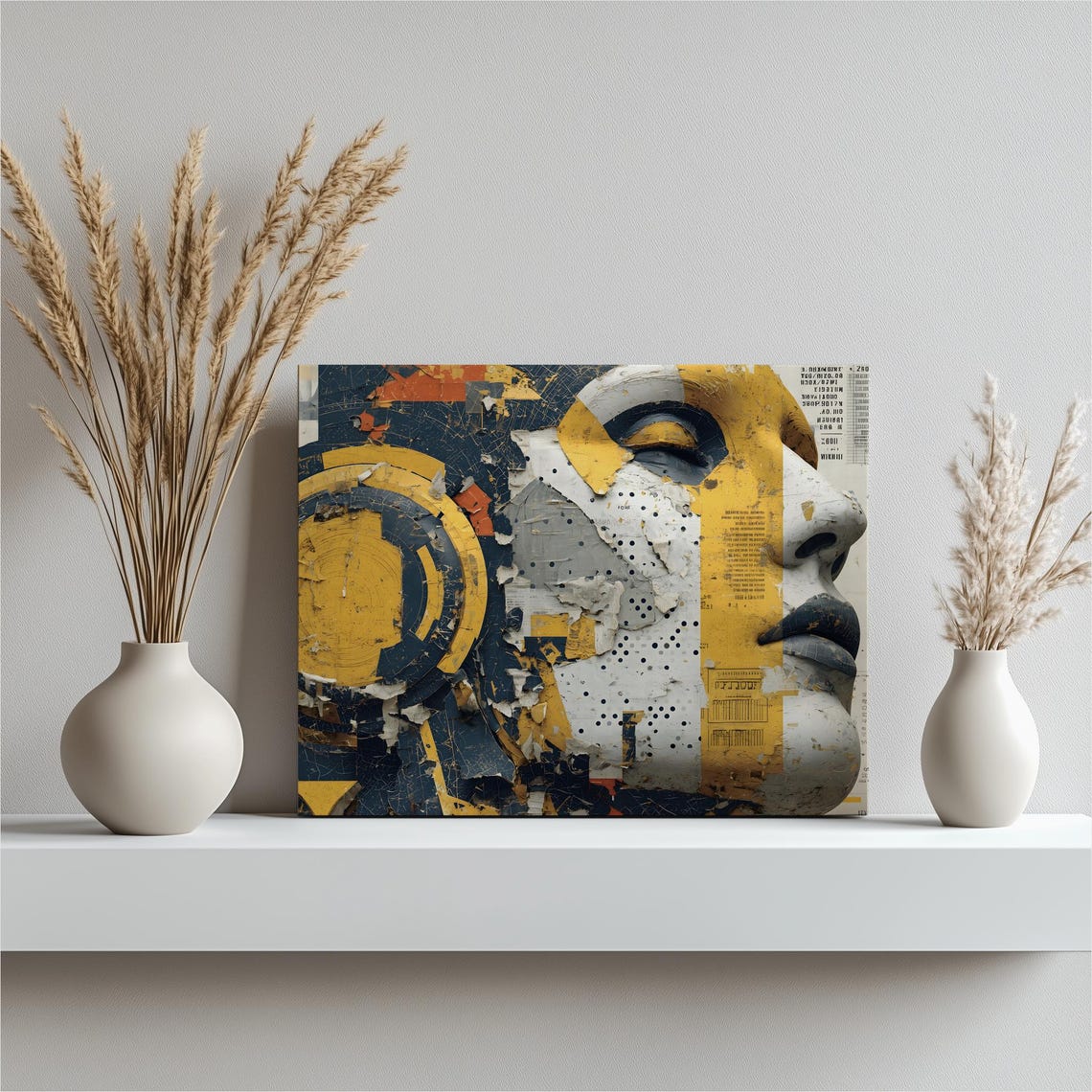 Futuristic Cyborg Portrait Torn Paper Gold Mixed Media Art Poster