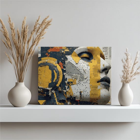 Futuristic Cyborg Portrait Canvas Wall Art Mixed Media Geometric Female Profile Distressed Texture Modern Industrial Artwork Print
