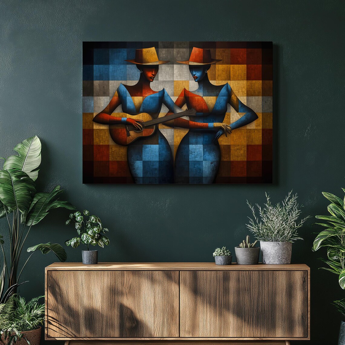 Abstract Music Duo Canvas Wall Art Geometric Cubist Guitar Players
