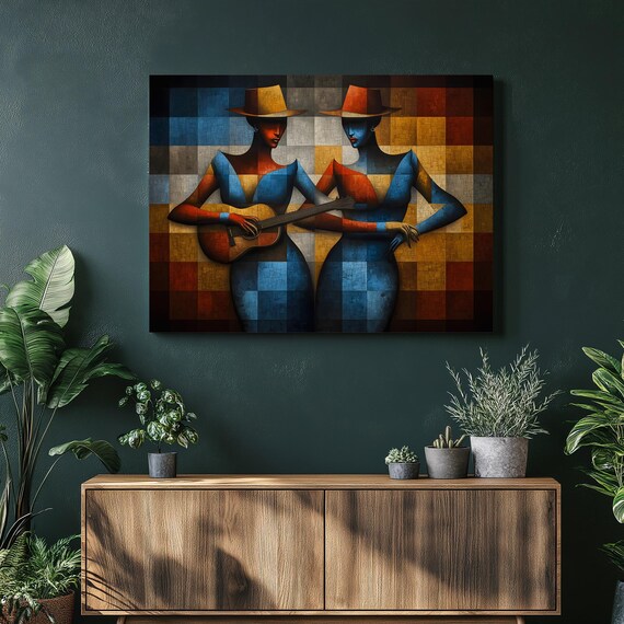 Cubist Guitar Duo Geometric Women Hats Blue Orange Mosaic Art Poster