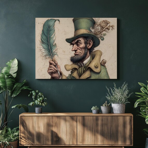 Steampunk Gentleman Top Hat Poster Feather Quill Ink Drawing Vintage Art
