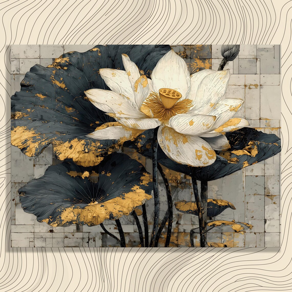 White Lotus Flower Gold Leaf Dark Leaves Elegant Floral Poster