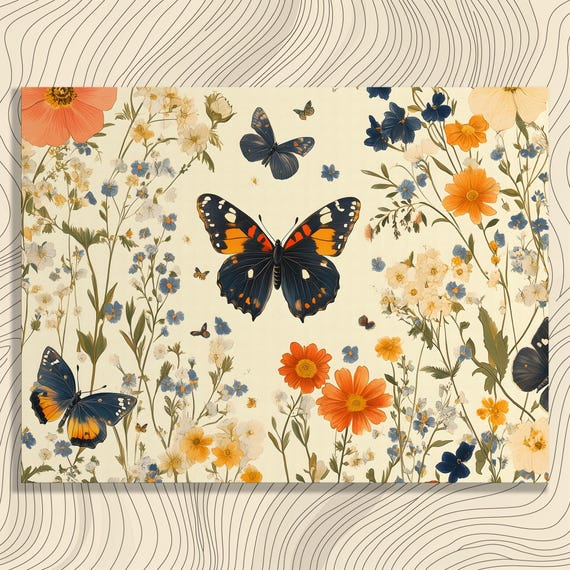 Butterflies And Wildflowers Canvas Wall Art Vintage Botanical Print For Cottage Decor