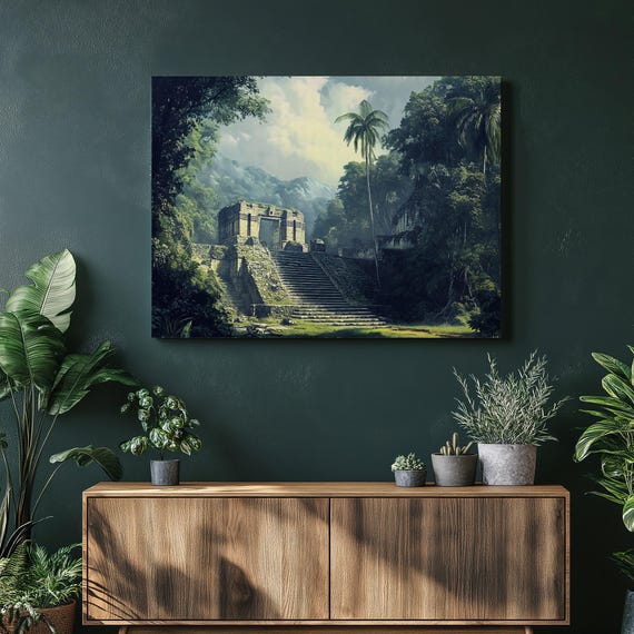 Ancient Jungle Temple Canvas Wall Art Tropical Rainforest Ruins With Palm Trees Realism Landscape Print Archaeological Site Adventure Deco