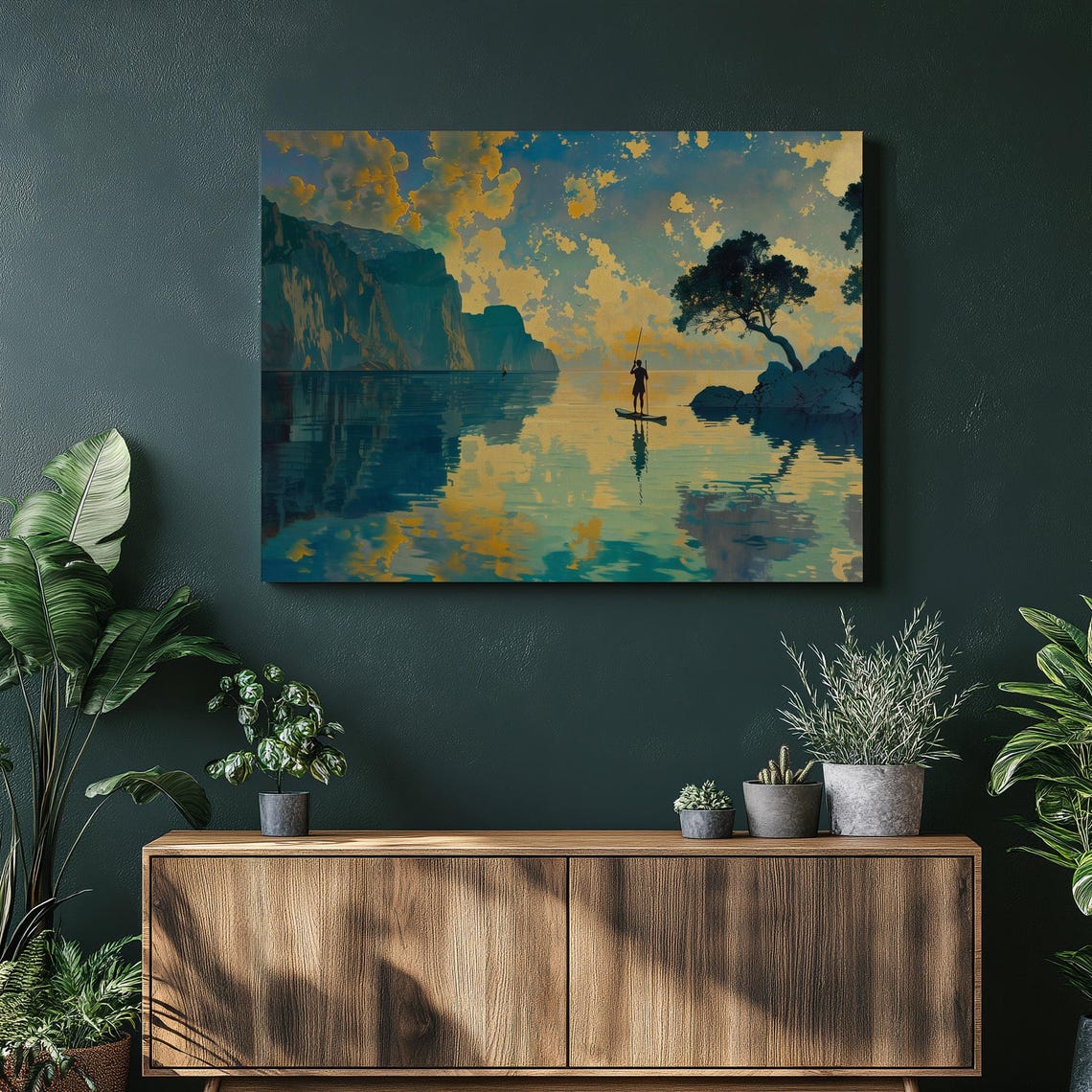 Serene Paddleboarder on Golden Lake at Sunset Reflection Wall Art