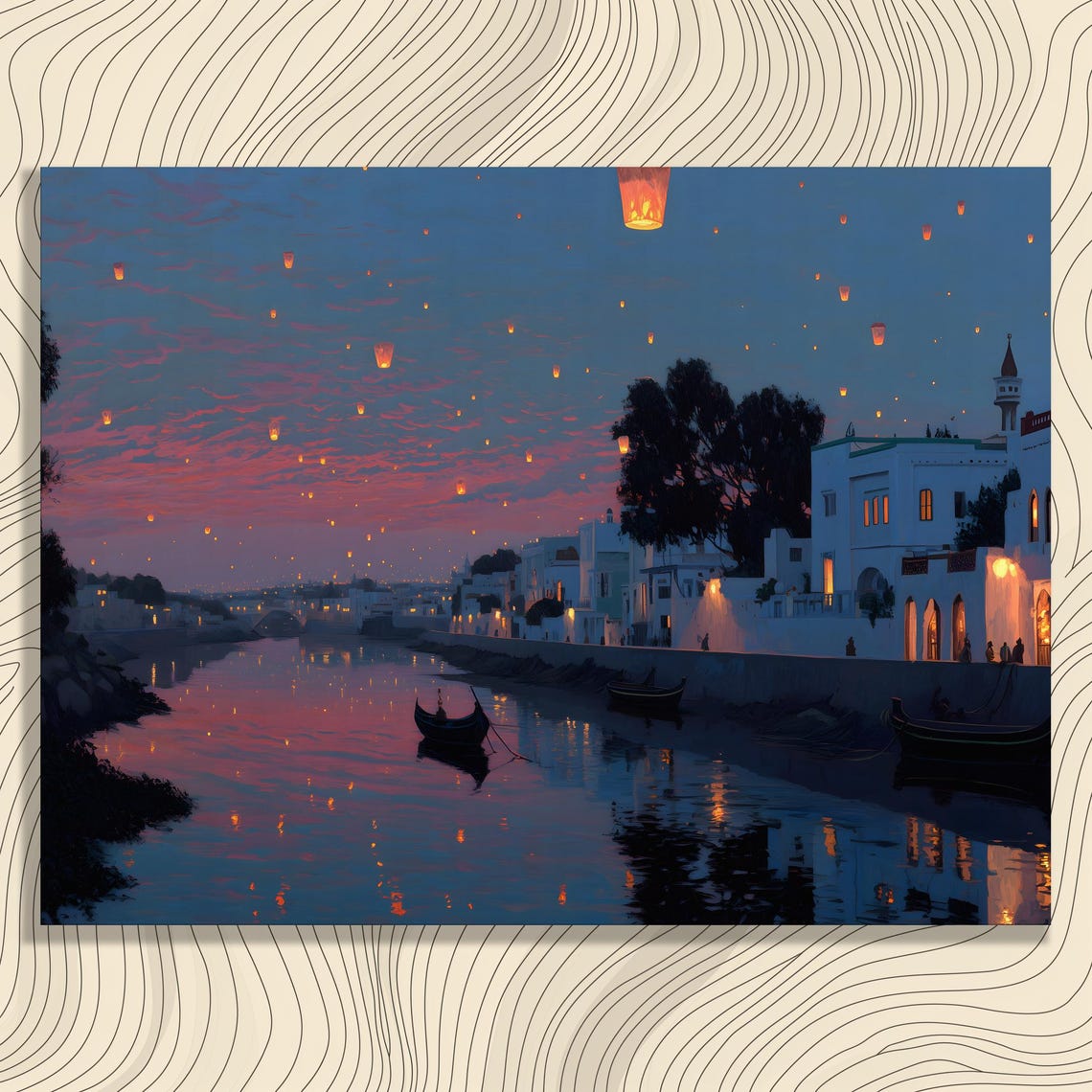 Floating Lanterns Over a Coastal Canal at Dusk Romantic Wall Art