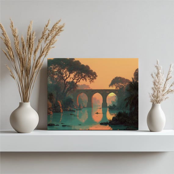Tropical Sunset Bridge Canvas Wall Art Jungle River Landscape Print With Stone Arch Reflection Palm Trees Decor Gift