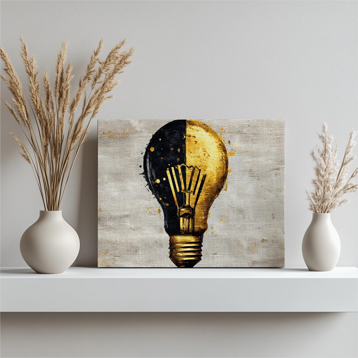 Bold Light Bulb Canvas Wall Art Black Gold Abstract Painting Modern Industrial Decor Office Statement Print Gallery Quality