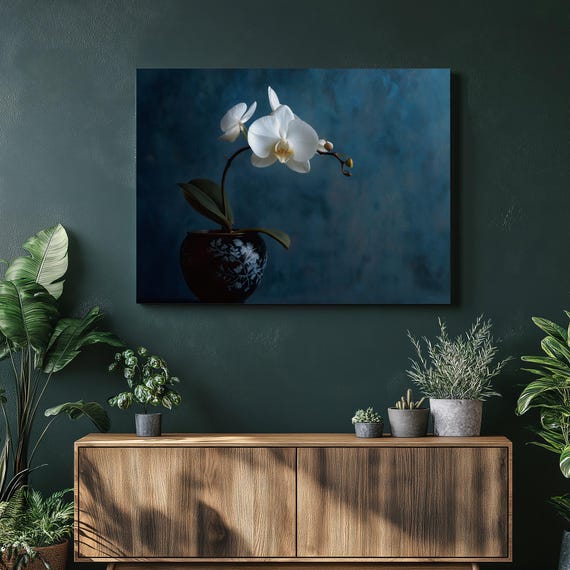 Orchid Canvas Wall Art White Print Dark Background Botanical Decor Minimalist Floral Modern Vase Painting