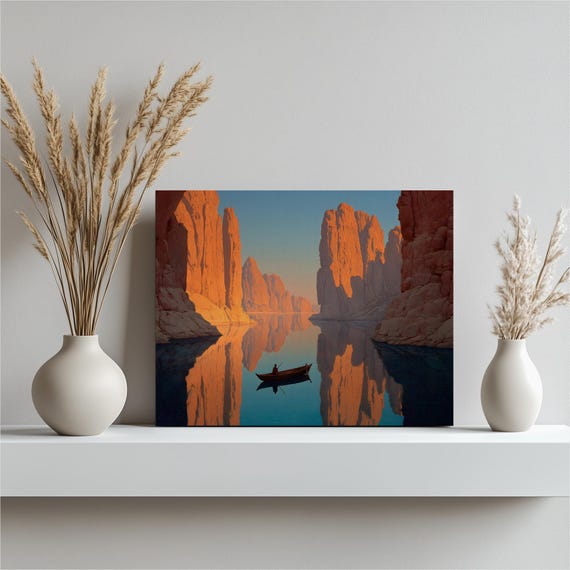 Canyon Sunset Reflection Canvas Wall Art Minimalist Boat Scene Modern Landscape Print Orange Cliffs Serene Water Mirror Nature Decor