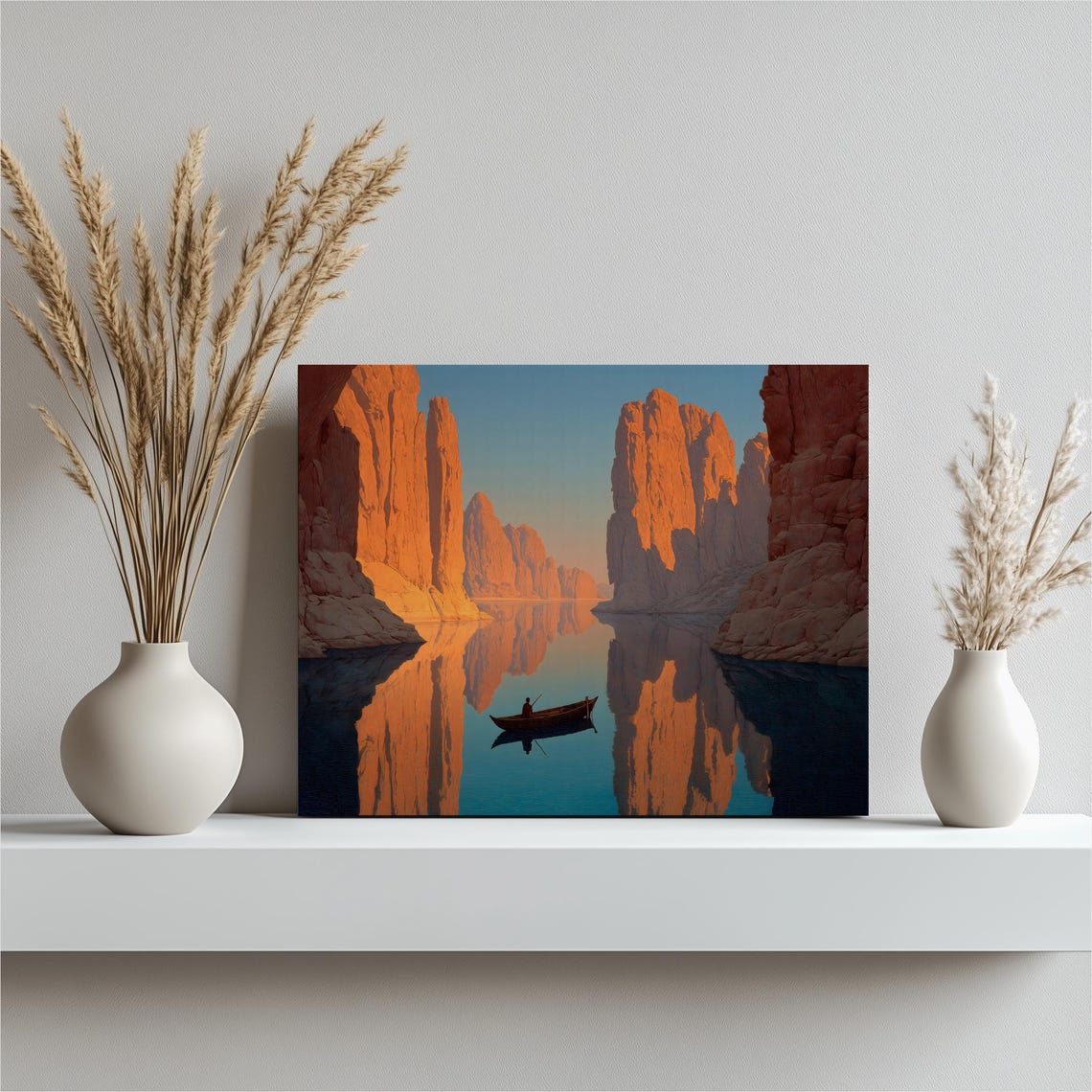 Red Rock Canyon Sunset Mirror Reflection Lone Boat Art Print
