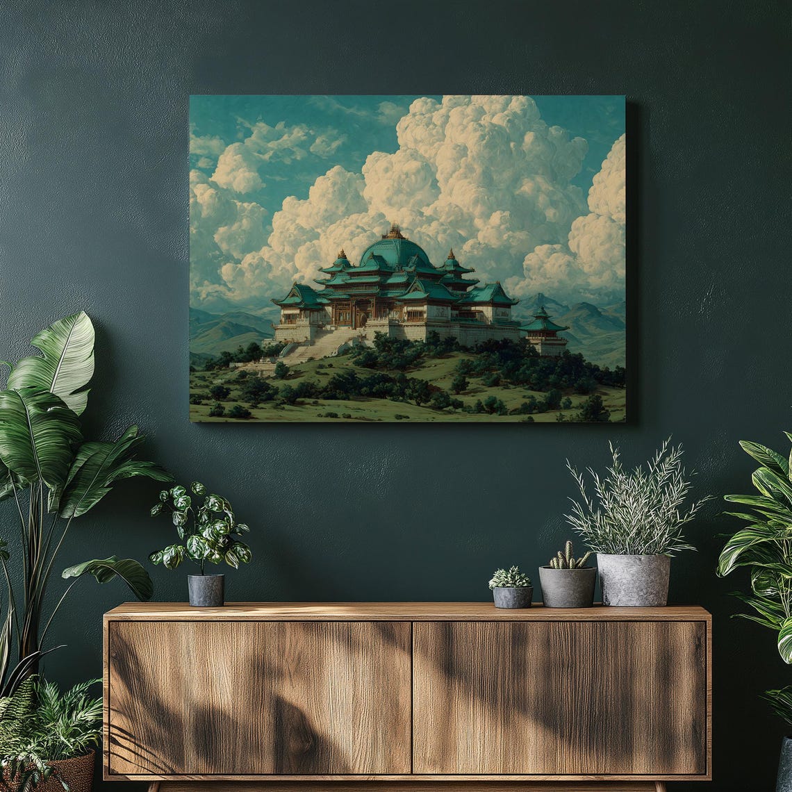 Majestic Asian Temple Palace Painting Under Dramatic Clouds Art Poster