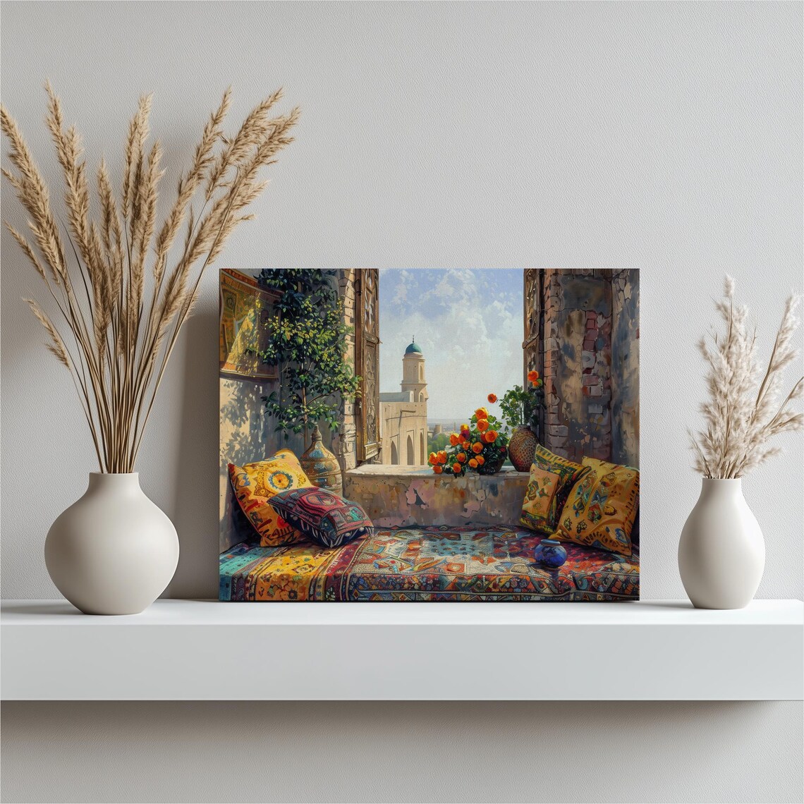 Nostalgic Old City Window Nook With Cozy Cushions Rugs Poster