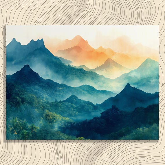Misty Mountain Sunrise Canvas Wall Art Nature Painting Landscape Decor Forest Print Minimal Serene Horizon