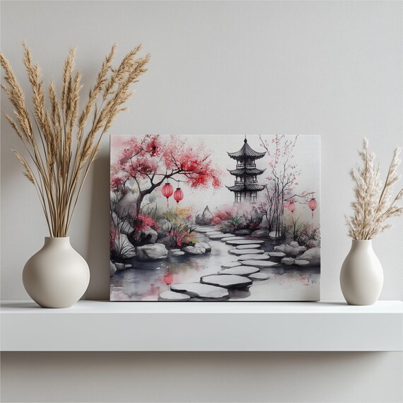 Serene Pagoda Cherry Blossom Lanterns Asian Watercolor Poster