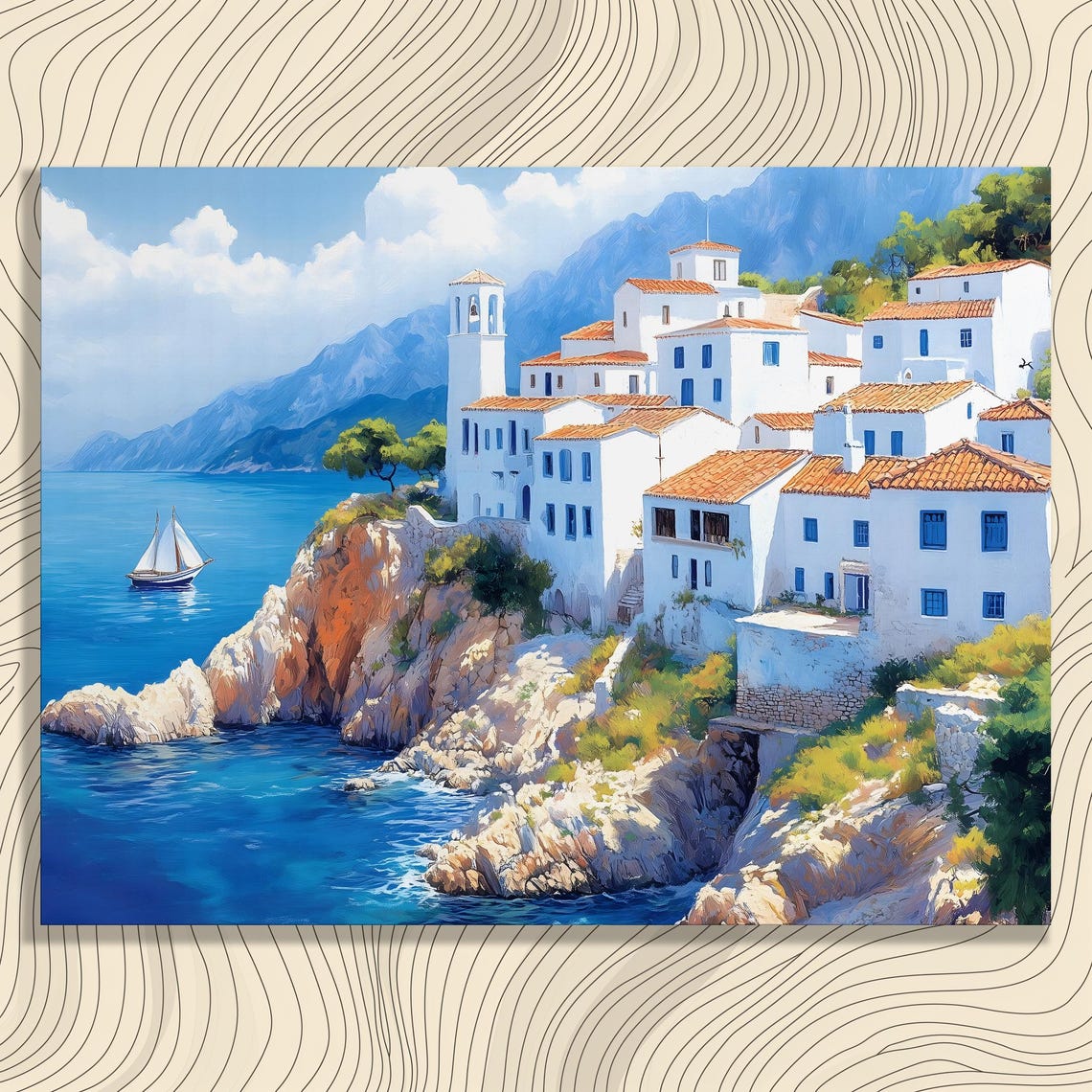 Sunlit Whitewashed Coastal Village Cliffs Sailboat Blue Sea Wall Art