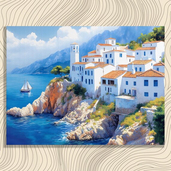 Sunlit Whitewashed Coastal Village Cliffs Sailboat Blue Sea Wall Art