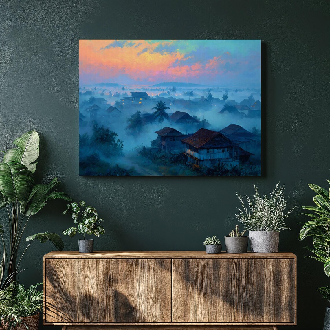 Misty Tropical Village Sunrise Fog Palm Trees Houses Morning Art Poster