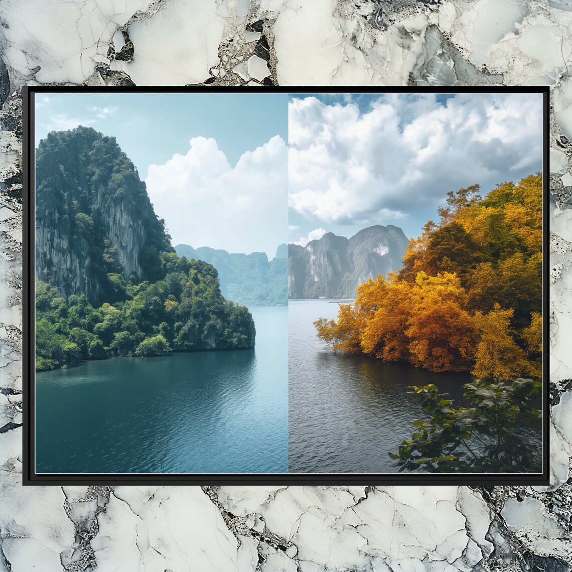 Thailand Karst Lake Green And Golden Autumn Split Scene Poster