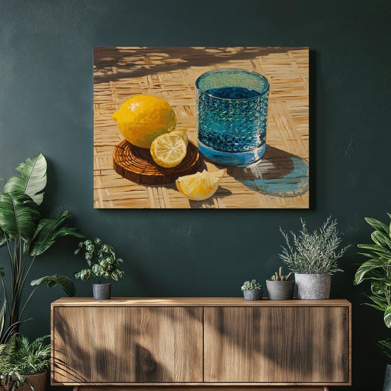 Lemon Still Life Canvas Wall Art Impressionist Blue Glass Painting Modern Decor Citrus Print Textured Oil Style Contemporary Artwork
