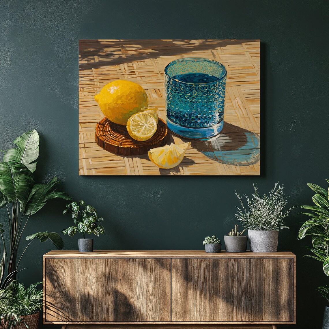 Lemon And Blue Glass Still Life Poster Impressionist Citrus Oil Art