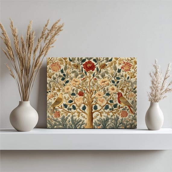 Vintage Floral Birds Canvas Wall Art Botanical Tree Of Life And Blossoms Nature Decor Arts Crafts Victorian Painting Gift